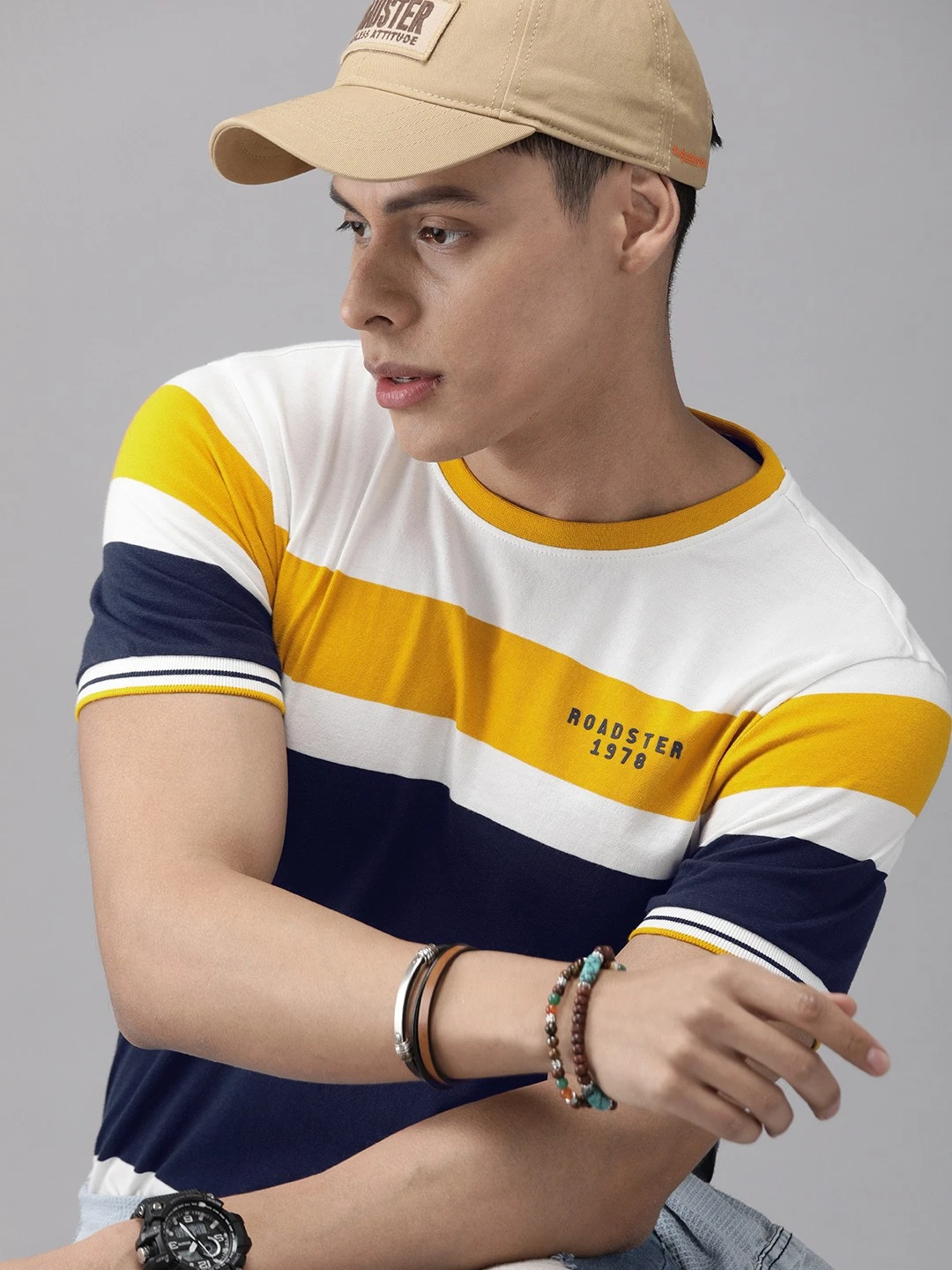 Men White Mustard Yellow Colourblocked Round Neck Pure Cotton T-shirt - Image 2