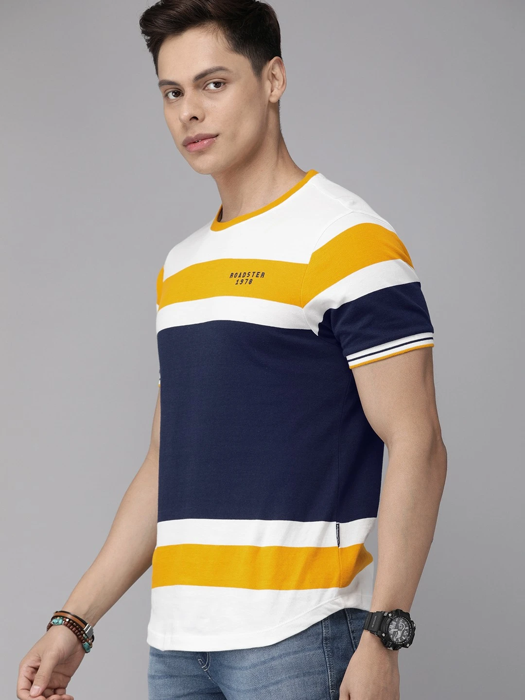 Men White Mustard Yellow Colourblocked Round Neck Pure Cotton T-shirt